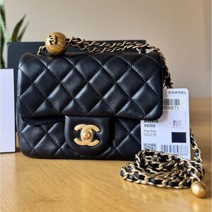 NWT Chanel Square Mini Flap Bag with pearl crush in Black lambskin